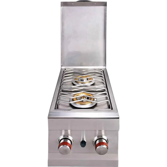 Sunstone double side burner stainless steel gas cooktop with two burners and red accented knobs for cooking