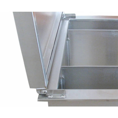 Sunstone drop in ice chest stainless steel drawer with sleek reflective finish and visible hinges for outdoor use