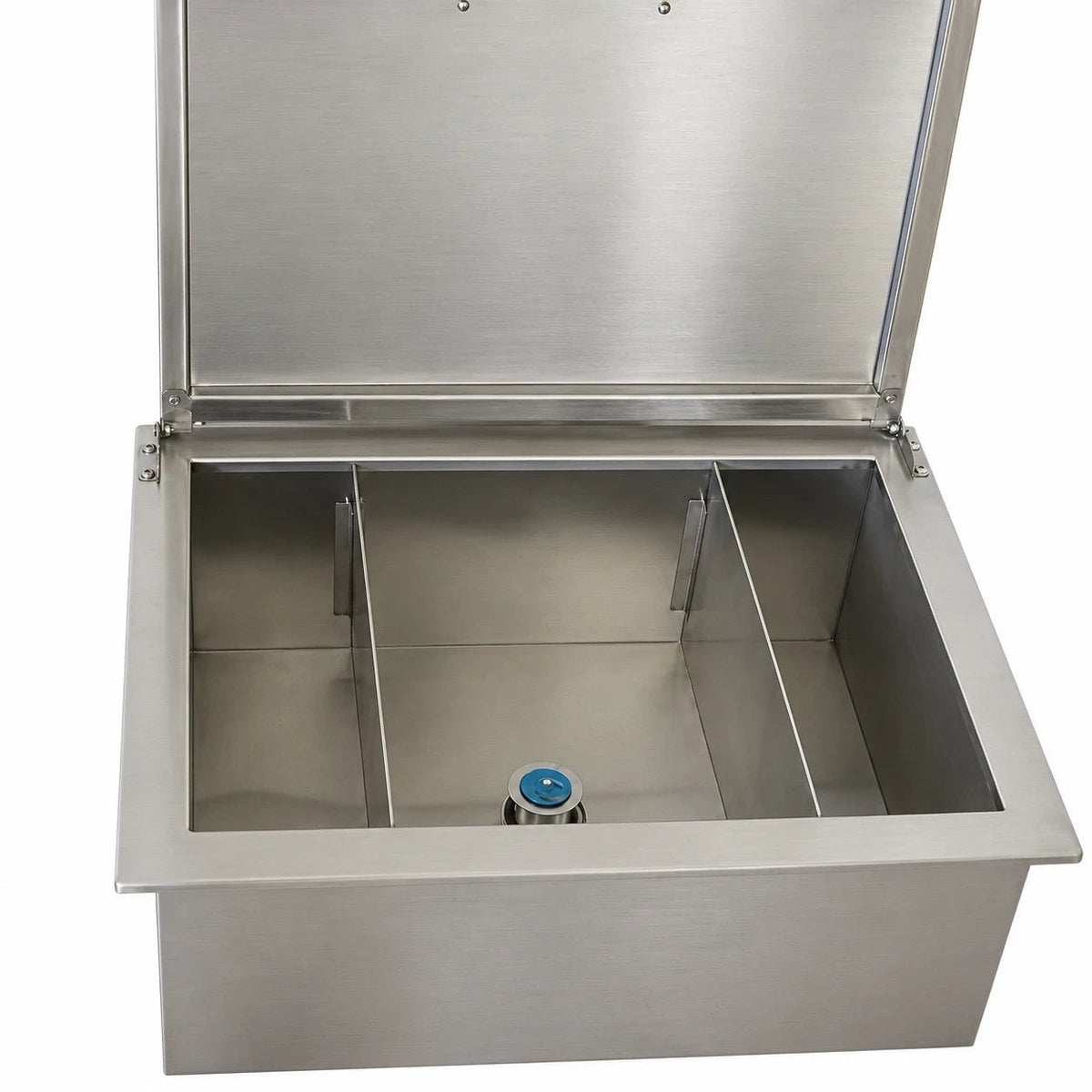 Sunstone drop in ice chest stainless steel utility sink with hinged lid three compartments and blue topped drain valve