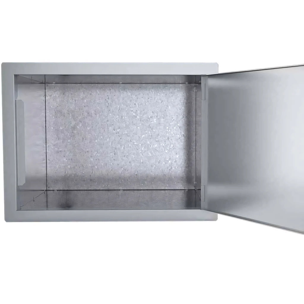 Silver stainless steel outdoor cabinet sunstone horizontal dry storage with textured interior and hinged door