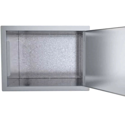 Silver stainless steel outdoor cabinet sunstone horizontal dry storage with textured interior and hinged door
