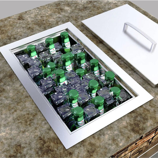 Silver stainless steel built-in countertop beer cooler Sunstone Ice Chest B-IC14 with white lid holding Heineken bottles in ice