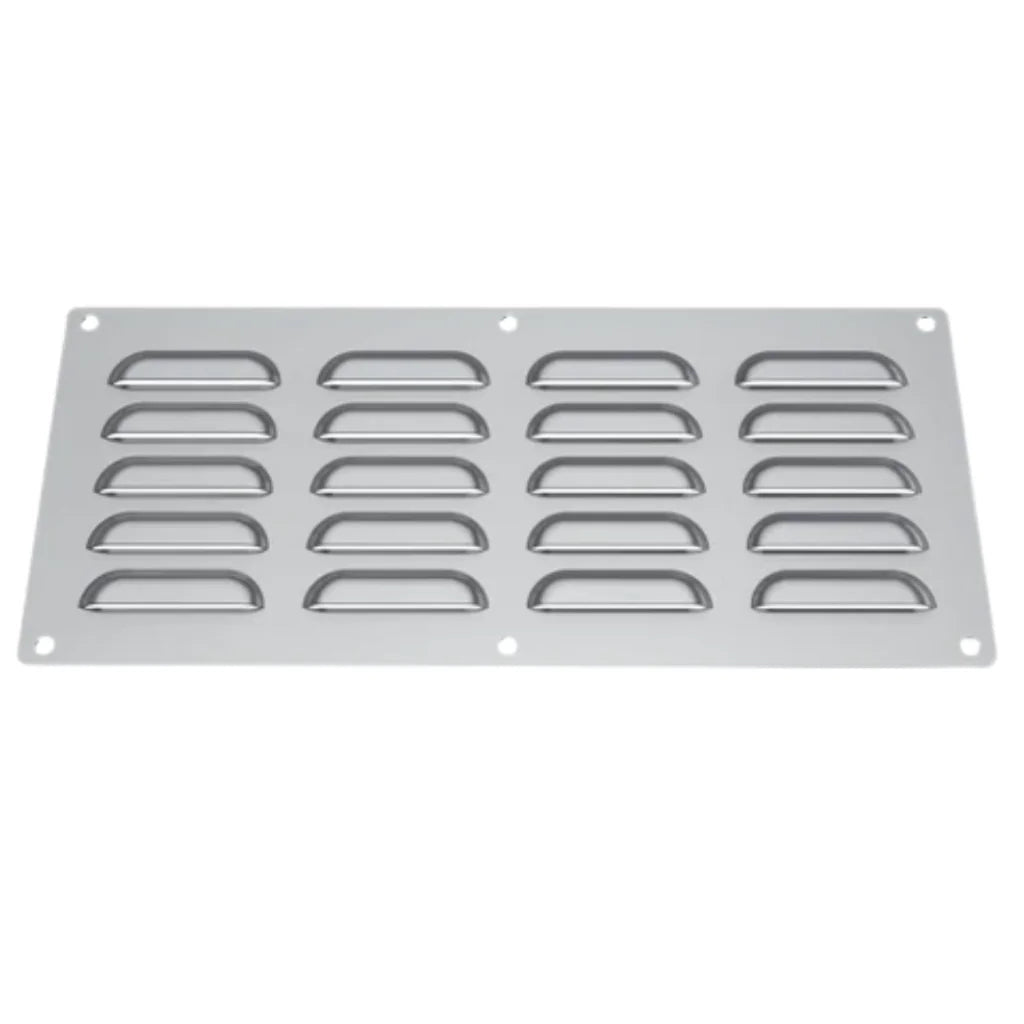 Rectangular stainless steel sunstone large vent grille with elongated oval slats for cabinet ventilation