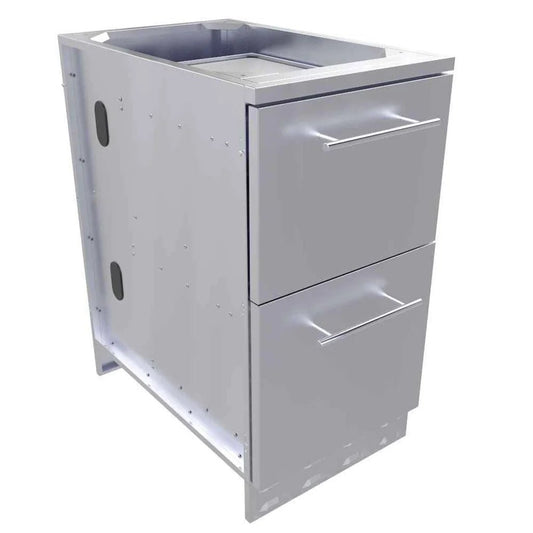Silver stainless steel sunstone multi function outdoor grill cabinet with two drawers and built-in cooking surface