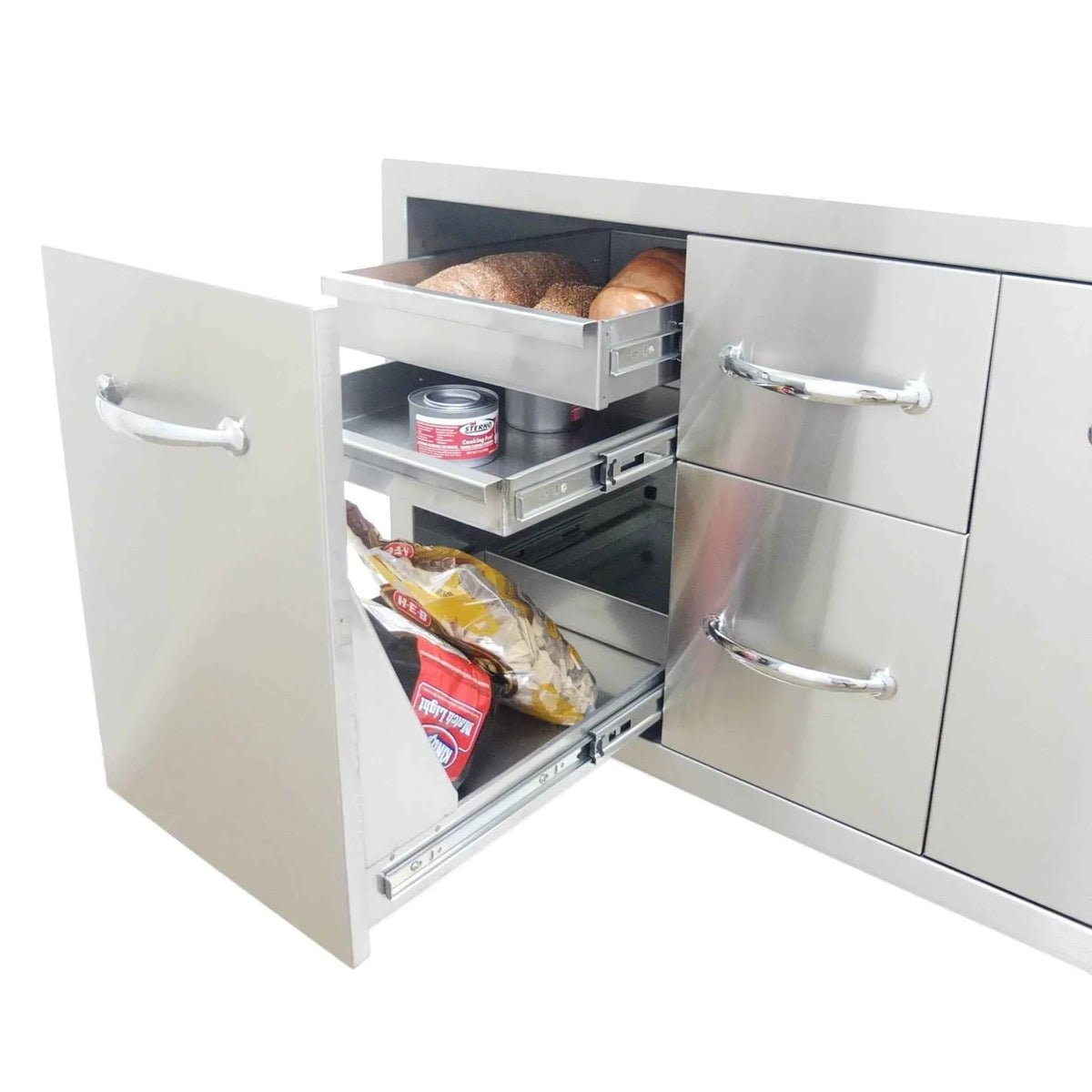 Sunstone multi storage combo stainless steel outdoor kitchen storage unit with pull-out drawers holding snacks and canned goods