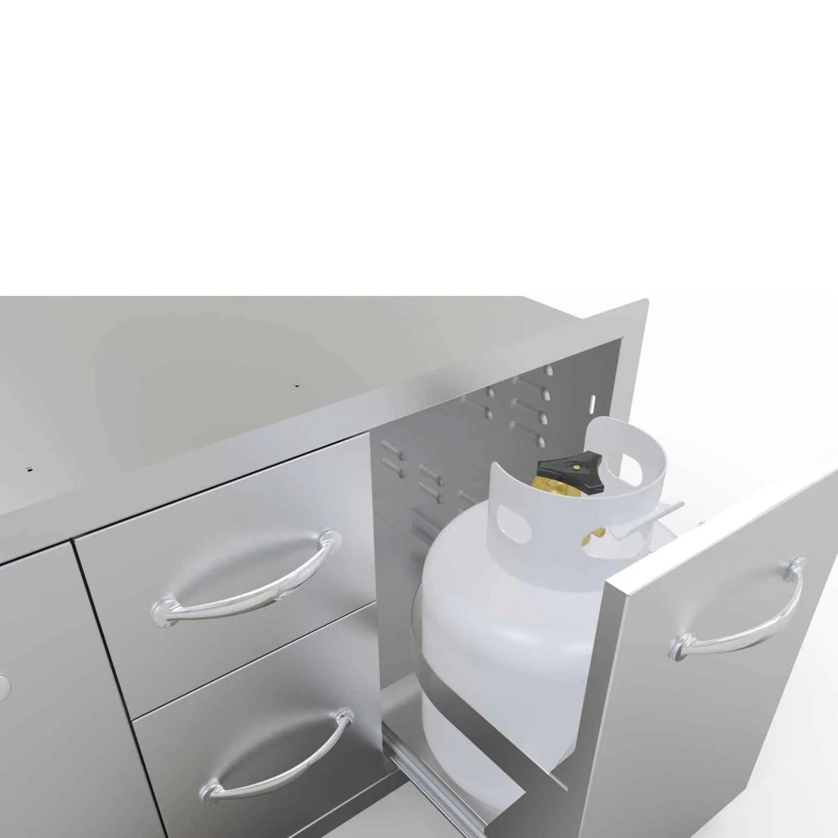White propane tank inside stainless steel perforated cabinet of sunstone multi storage combo a-lpcdd42
