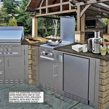 Sunstone outdoor rated stainless steel refrigerator with sleek modern design and integrated gfci outlet