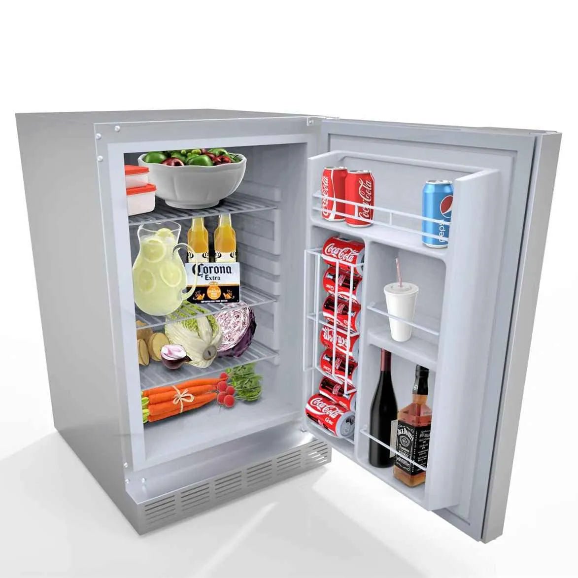Silver stainless steel sunstone outdoor rated mini refrigerator with white shelves stocked with beverages and produce