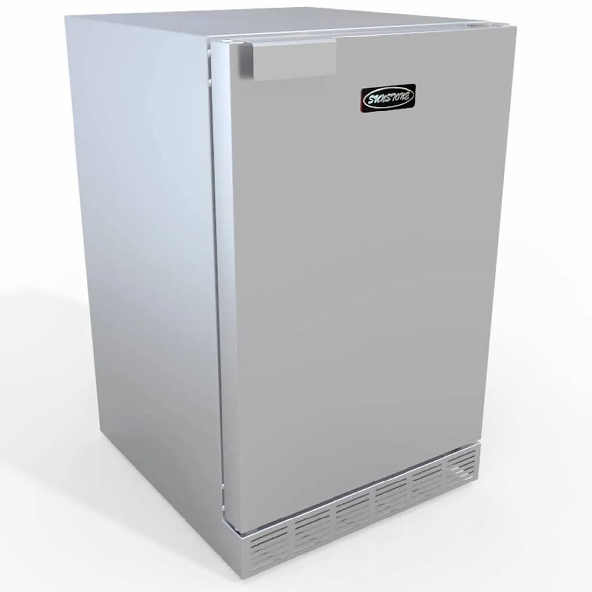 Sunstone outdoor rated stainless steel undercounter refrigerator with sleek modern design and black logo on door