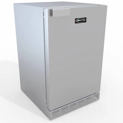 Sunstone outdoor rated stainless steel undercounter refrigerator with sleek modern design and black logo on door