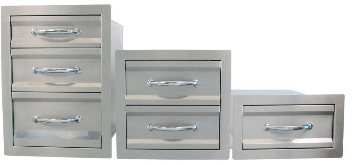 Sunstone premium double drawer set of three stainless steel drawers with brushed metallic finish and sleek design