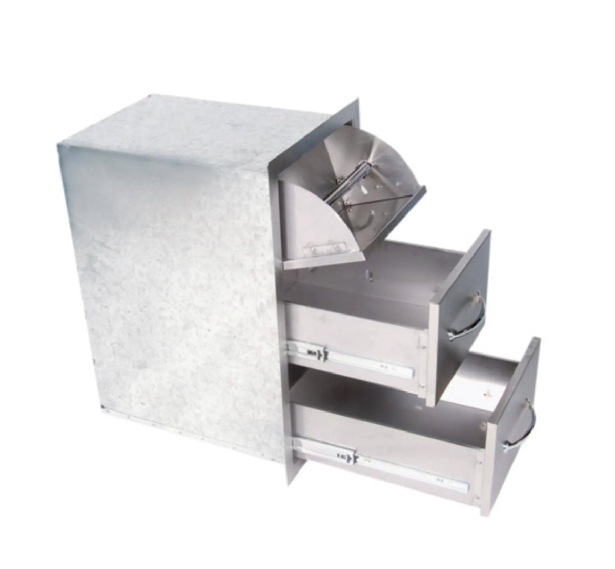 Stainless steel sunstone premium three-drawer utility cabinet with hinged top compartment and paper holder combo