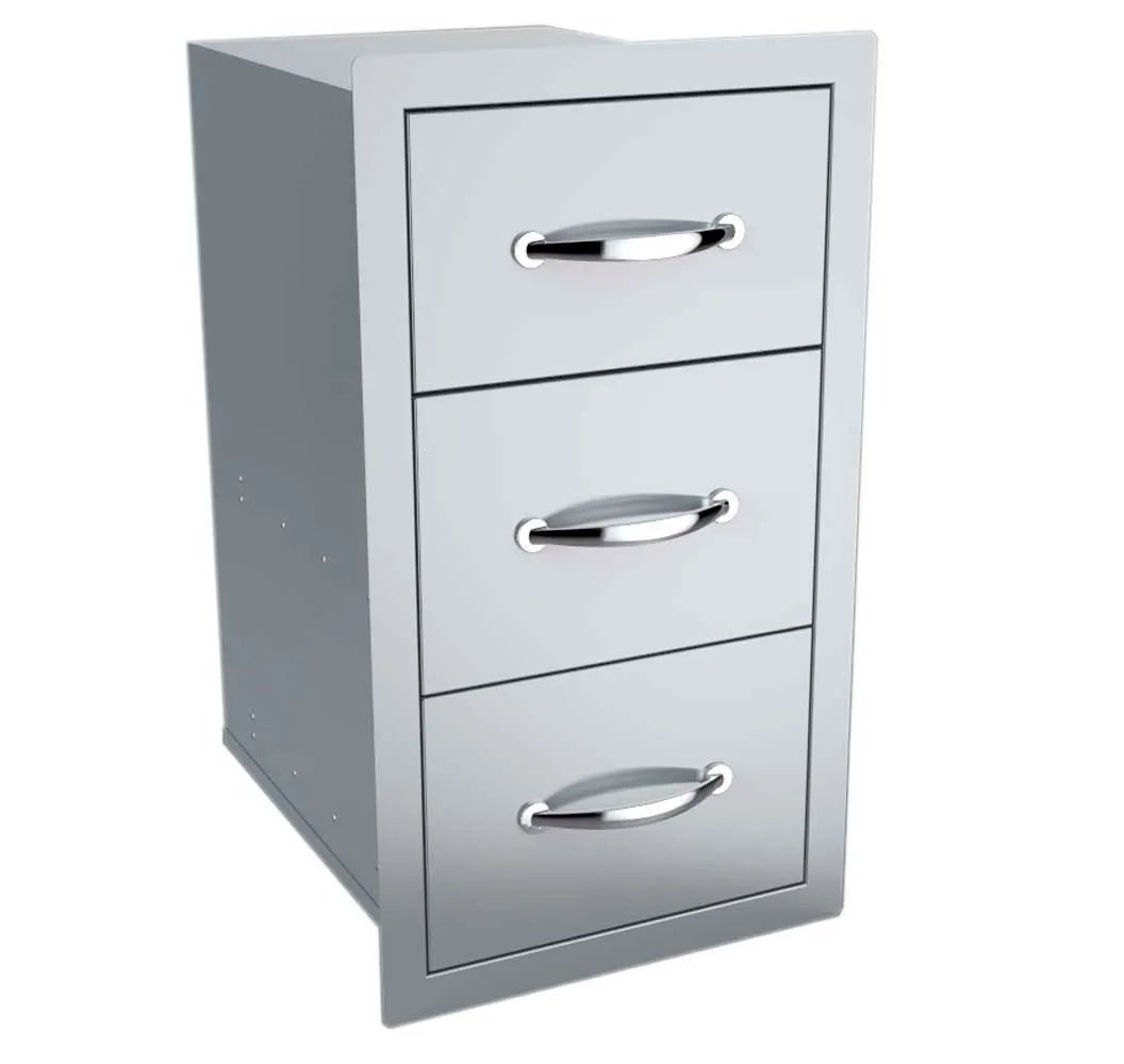Silver stainless steel outdoor file cabinet with three drawers and polished chrome handles in Sunstone premium combo