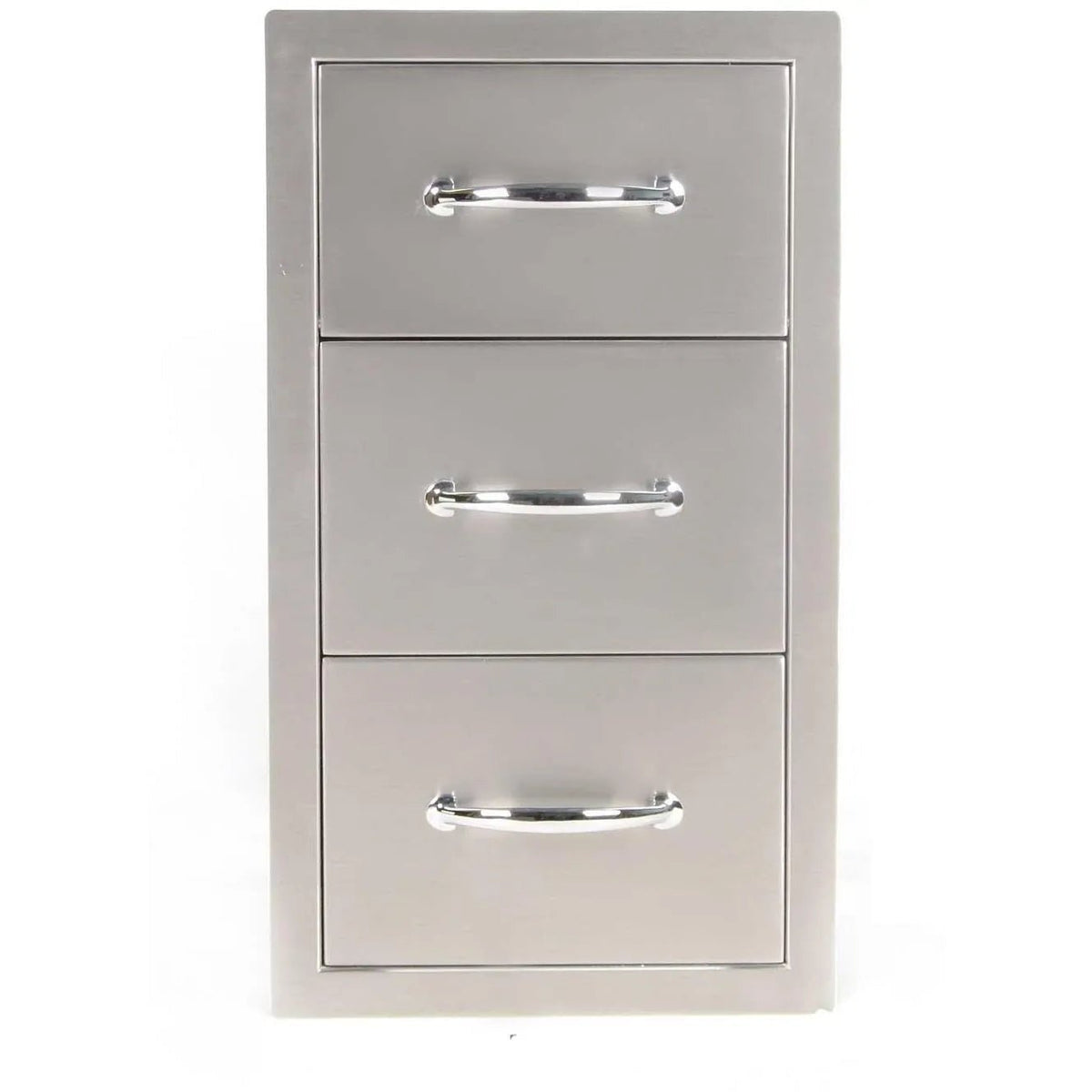 Stainless steel three-drawer kitchen organizer with polished chrome handles from sunstone premium drawers and paper holder combo