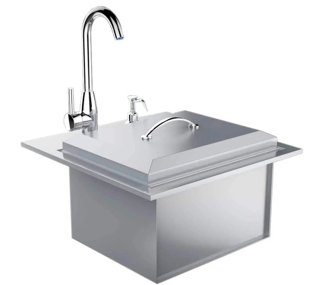 Sunstone premium drop in stainless steel outdoor kitchen sink with curved faucet and integrated soap dispenser