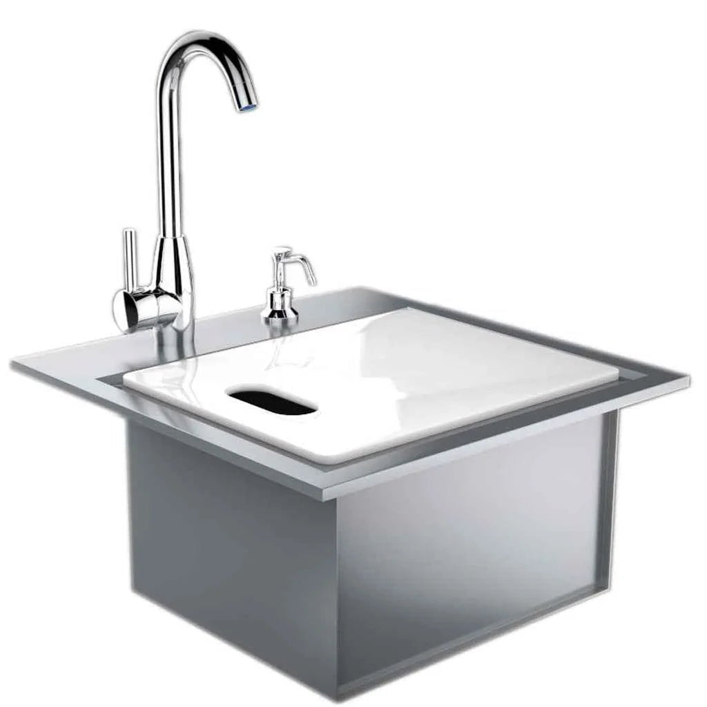Sunstone premium drop in kitchen sink with stainless steel undermount, white ceramic insert, and chrome faucet