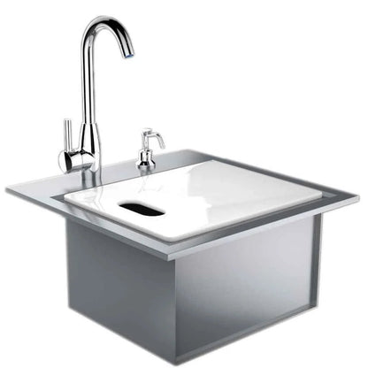 Sunstone premium drop in kitchen sink with stainless steel undermount, white ceramic insert, and chrome faucet