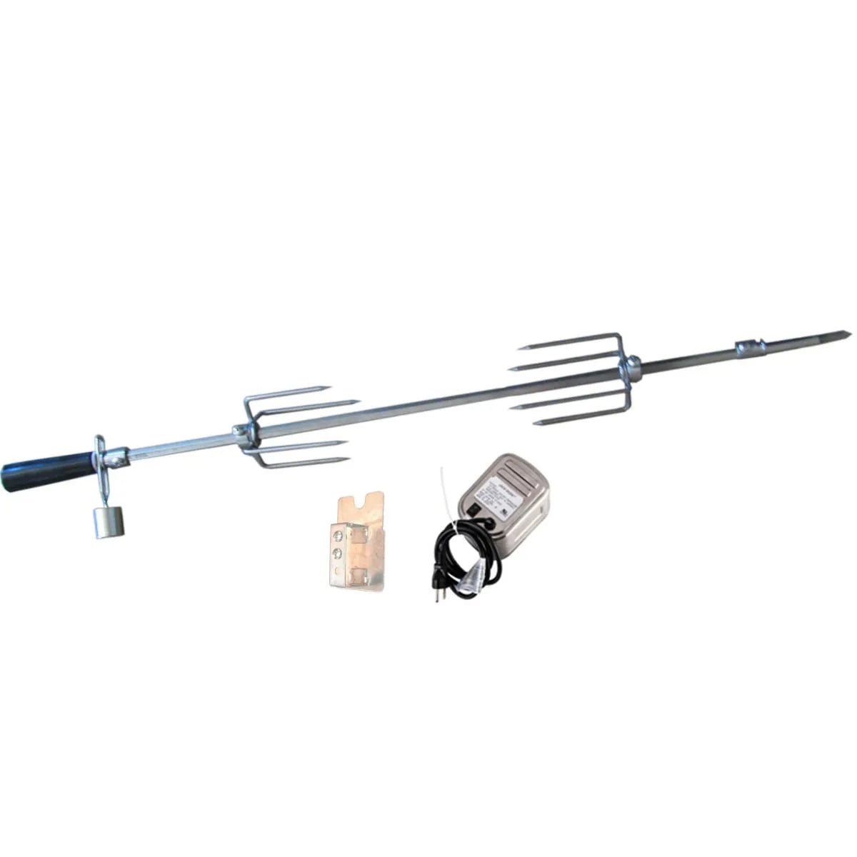 Silver electric rotisserie rod with black handle and prongs with power unit and bracket for sunstone 3 burner ruby grill