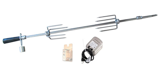 Silver metal rotisserie rod with black handle and multiple prongs for outdoor grilling sunstone p-rk-4b kit