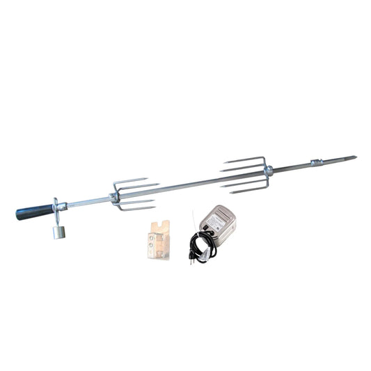 Silver metal rotisserie rod with black handle and prongs, control unit, and mount for sunstone rotisserie kit r-rk5