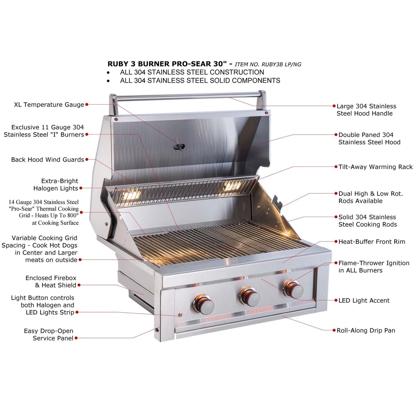 Sunstone Ruby Series 3 Burner Gas Grill - Gas Grill - RUBY3B - GardenHearth