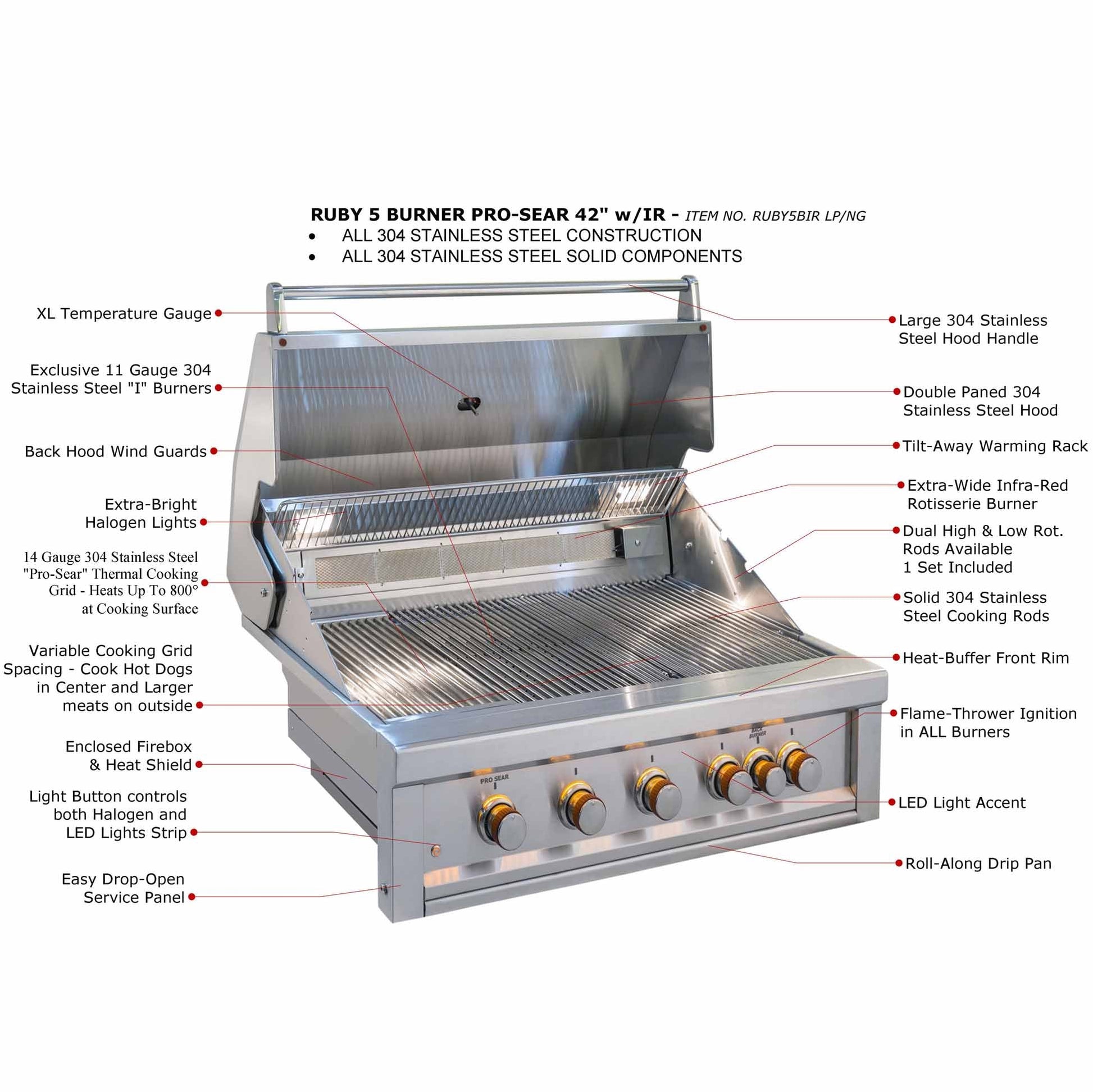 Sunstone Ruby Series 5 Burner Gas Grill with Infrared - Gas Grill - RUBY5B - IR - GardenHearth