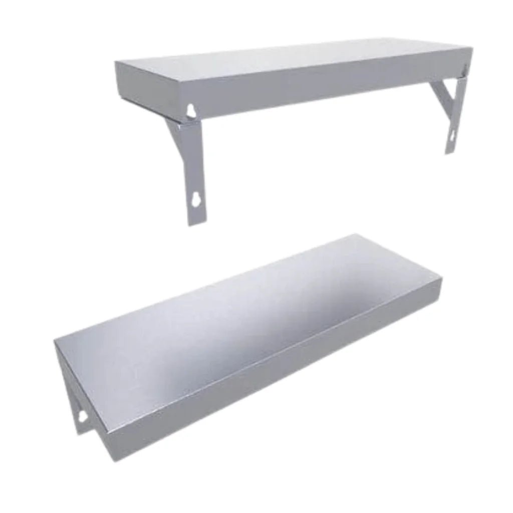Silver metal sunstone shelf with sleek rectangular design and sturdy bracket supports for island face wall use