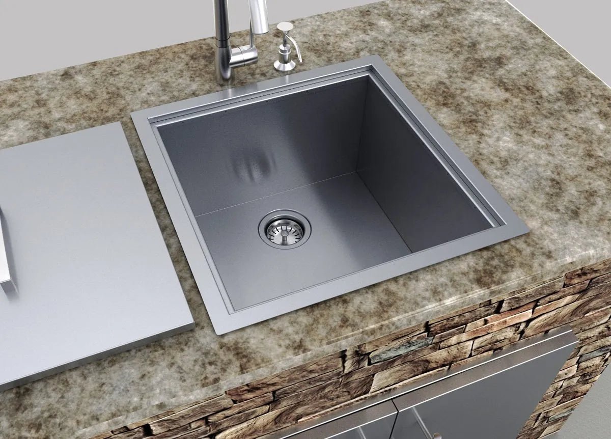 Sunstone sink with cover B-SK20 is a square stainless steel kitchen sink with a sleek modern design and integrated drain