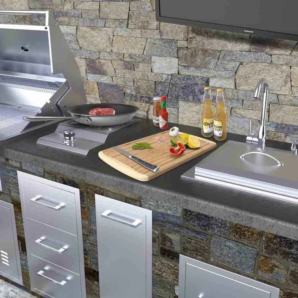 Silver stainless steel sunstone slide-in versa single burner outdoor grill with built-in burner and side shelf