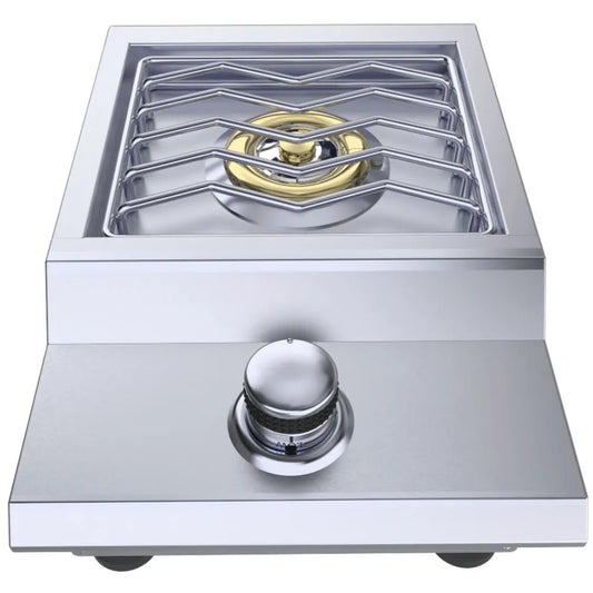 Sunstone slide-in versa single burner stainless steel outdoor cooktop with gold flame center and chrome grates