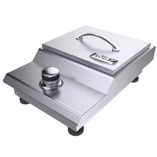 Silver stainless steel ruby brand outdoor grill with handle on lid and control knob in Sunstone slide-in Versa burner