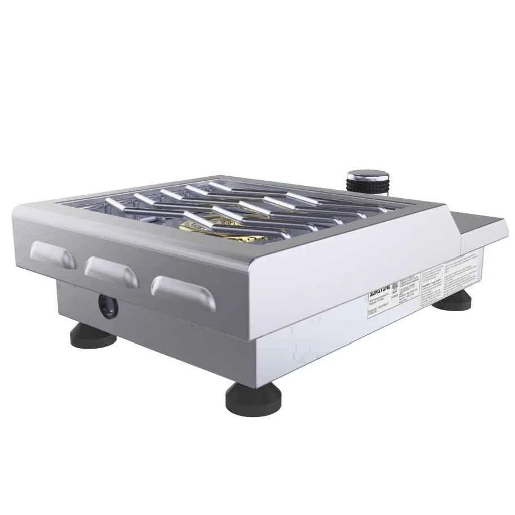 Silver and white sunstone slide-in versa single burner portable gas stove with metal grates and black feet