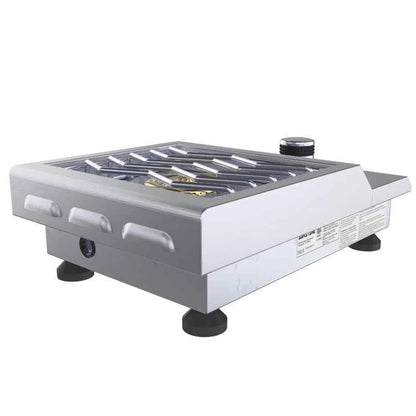 Silver and white sunstone slide-in versa single burner portable gas stove with metal grates and black feet