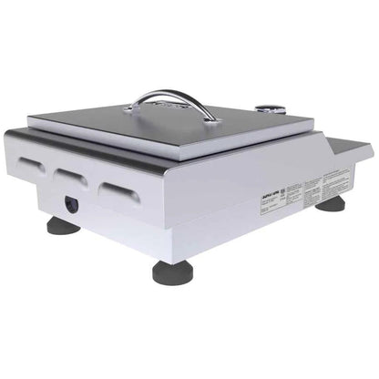 Silver and white sunstone slide-in versa single burner portable gas grill with stainless steel lid and black rubber feet