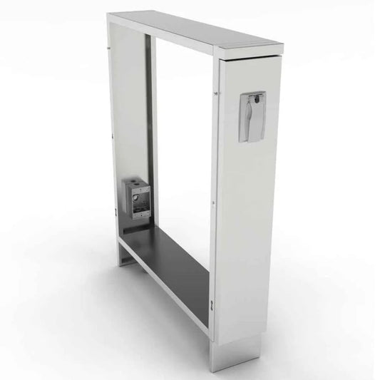 Silver metallic pedestrian turnstile with modern design and integrated access control panel in sunstone spacer cabinet with plug hole