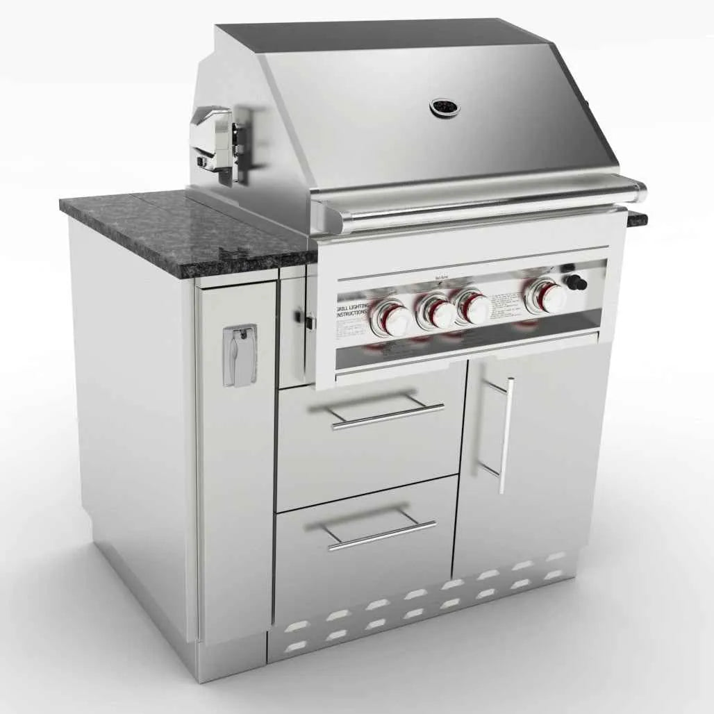 Sunstone spacer cabinet with plug hole featuring stainless steel gas grill granite countertop and built-in storage drawers