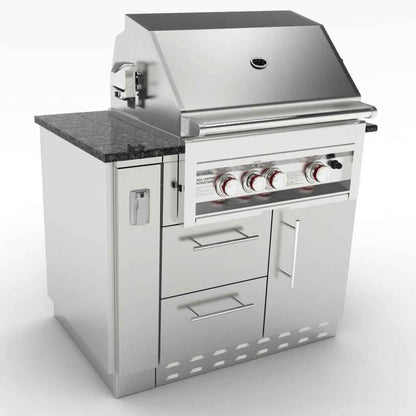 Sunstone spacer cabinet with plug hole featuring stainless steel gas grill granite countertop and built-in storage drawers