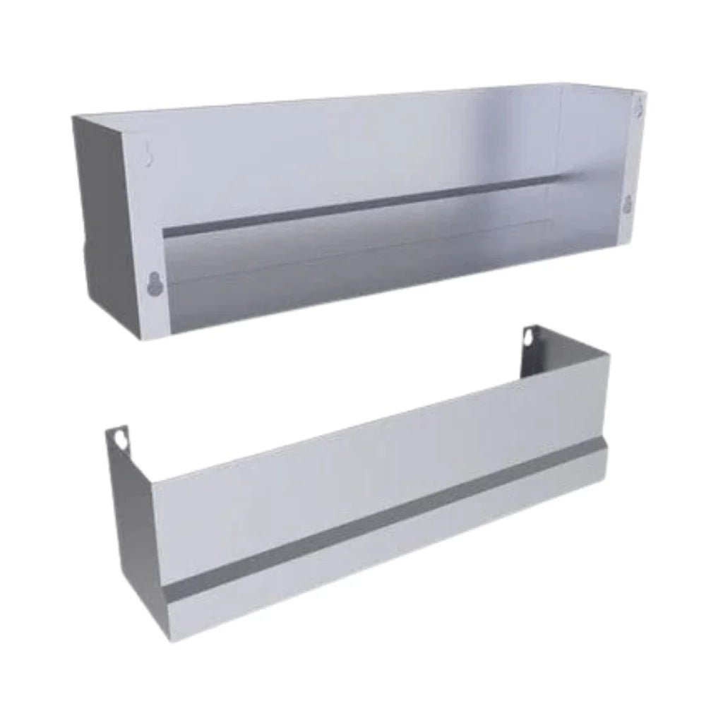 Stainless steel sunstone speed rail wall-mounted shelf with sleek rectangular design and integrated brackets for island face wall
