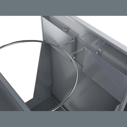 Stainless steel sunstone trash drawer with sleek reflective finish and integrated mounting brackets for easy installation