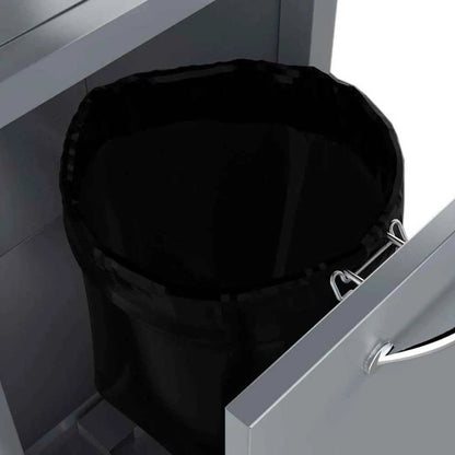 Black plastic Sunstone trash drawer with metal hooks for cabinet mounting and optional punch out on top
