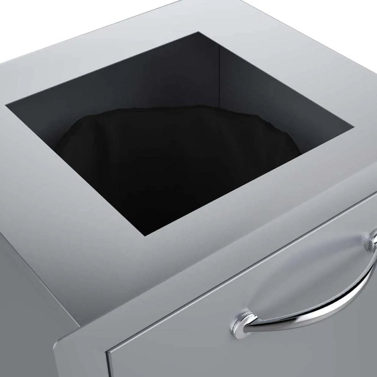 Silver stainless steel sunstone trash drawer with sleek square opening and polished chrome handle for outdoor use