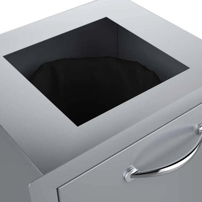Silver stainless steel sunstone trash drawer with sleek square opening and polished chrome handle for outdoor use