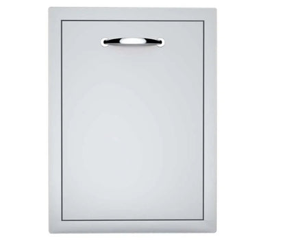 Gray sunstone trash drawer cabinet door with sleek minimalist design and polished chrome handle with optional punch out on top
