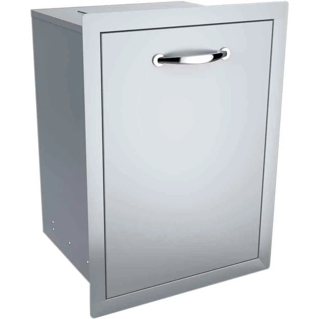 Silver stainless steel sunstone trash drawer with sleek rectangular design and polished chrome handle and punch out option