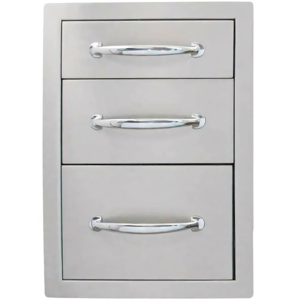 Silver stainless steel three-drawer kitchen organizer with sleek curved chrome handles Sunstone triple access drawer big B-TD24