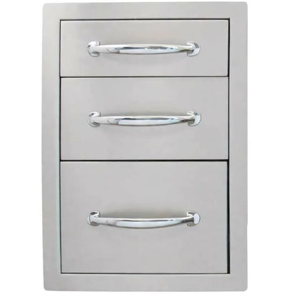 Silver stainless steel three-drawer kitchen organizer with sleek curved chrome handles Sunstone triple access drawer big B-TD24