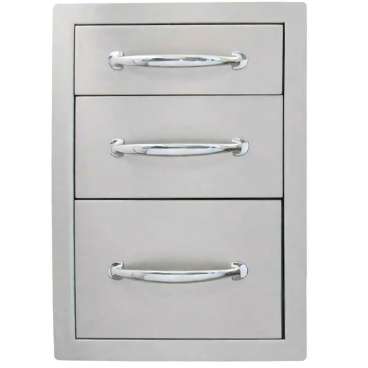 Silver stainless steel three-drawer kitchen organizer with sleek curved chrome handles Sunstone triple access drawer big B-TD24