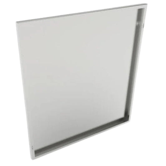 Silver-framed rectangular sunstone universal base end panel with smooth light gray surface for structural support