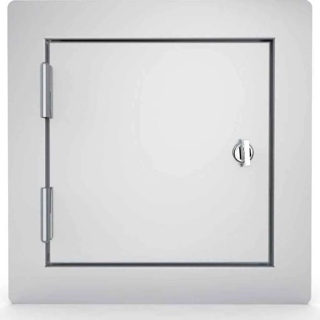 White square wall-mounted metal safe with silver hinges and keyhole lock sunstone utility access door 12x12 inches
