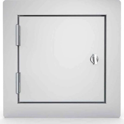 White square wall-mounted metal safe with silver hinges and keyhole lock sunstone utility access door 12x12 inches